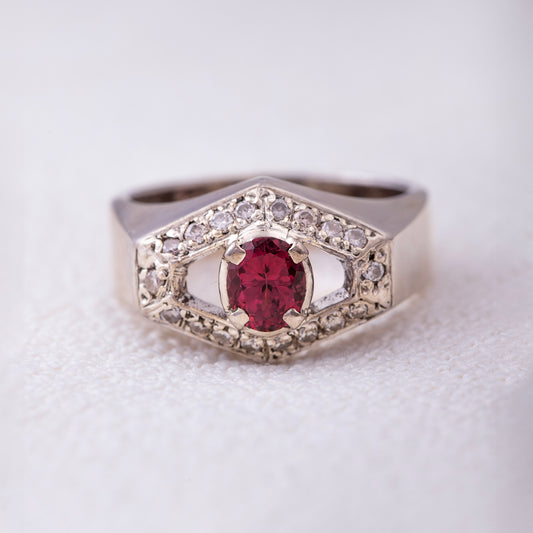 Men’s Sterling Silver Ruby Ring with Hexagon Halo – Vintage Style
