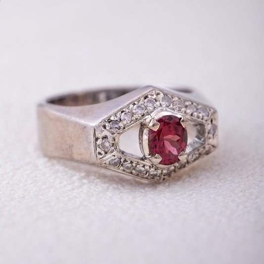 Men’s Sterling Silver Ruby Ring with Hexagon Halo – Vintage Style
